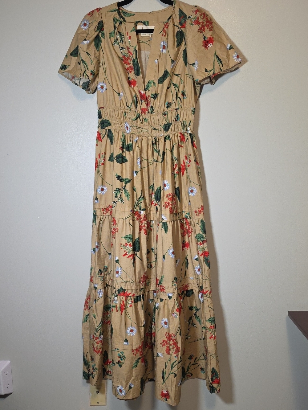 Anthropologie Tan Maxi Dress with Green & Red Floral Print